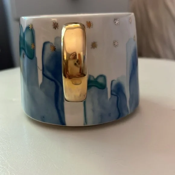 Anthropologie Blue Teal Drip Watercolor Night Sky Gold Ring Handle Mug - Picture 2 of 10